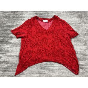 Lady Dorby Top Womens XL Red Short‎ Sleeve Side Buttons Vneck Curve Hem Casual